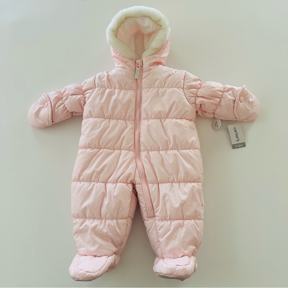 Carter's 3-6 Months Baby Girl Pink  Snowsuit Faux Fur Trimmed Hooded Zip NWT